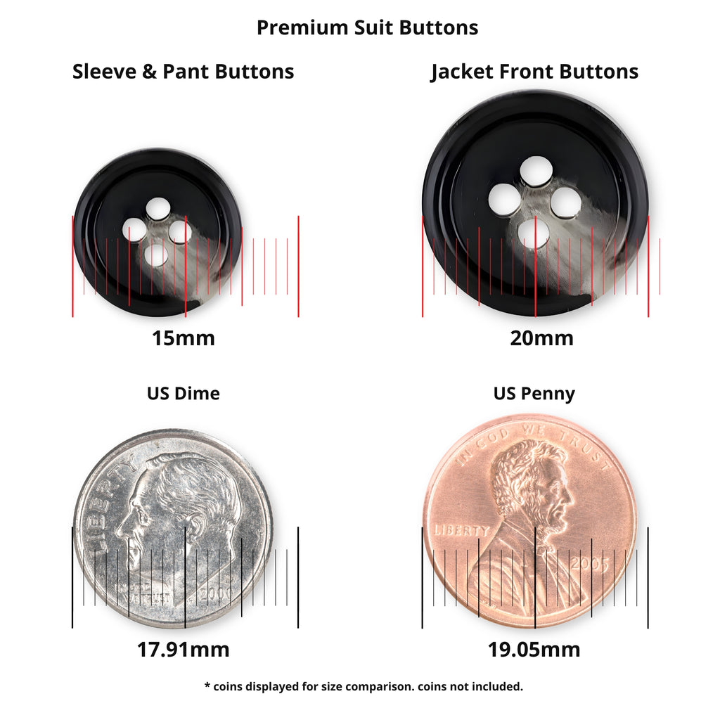 Two Premium Suit Buttons in black are shown alongside a dime and a penny, with diameters labeled for easy size comparison.