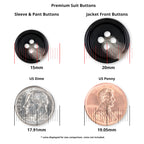 Two Premium Suit Buttons in black are shown alongside a dime and a penny, with diameters labeled for easy size comparison.