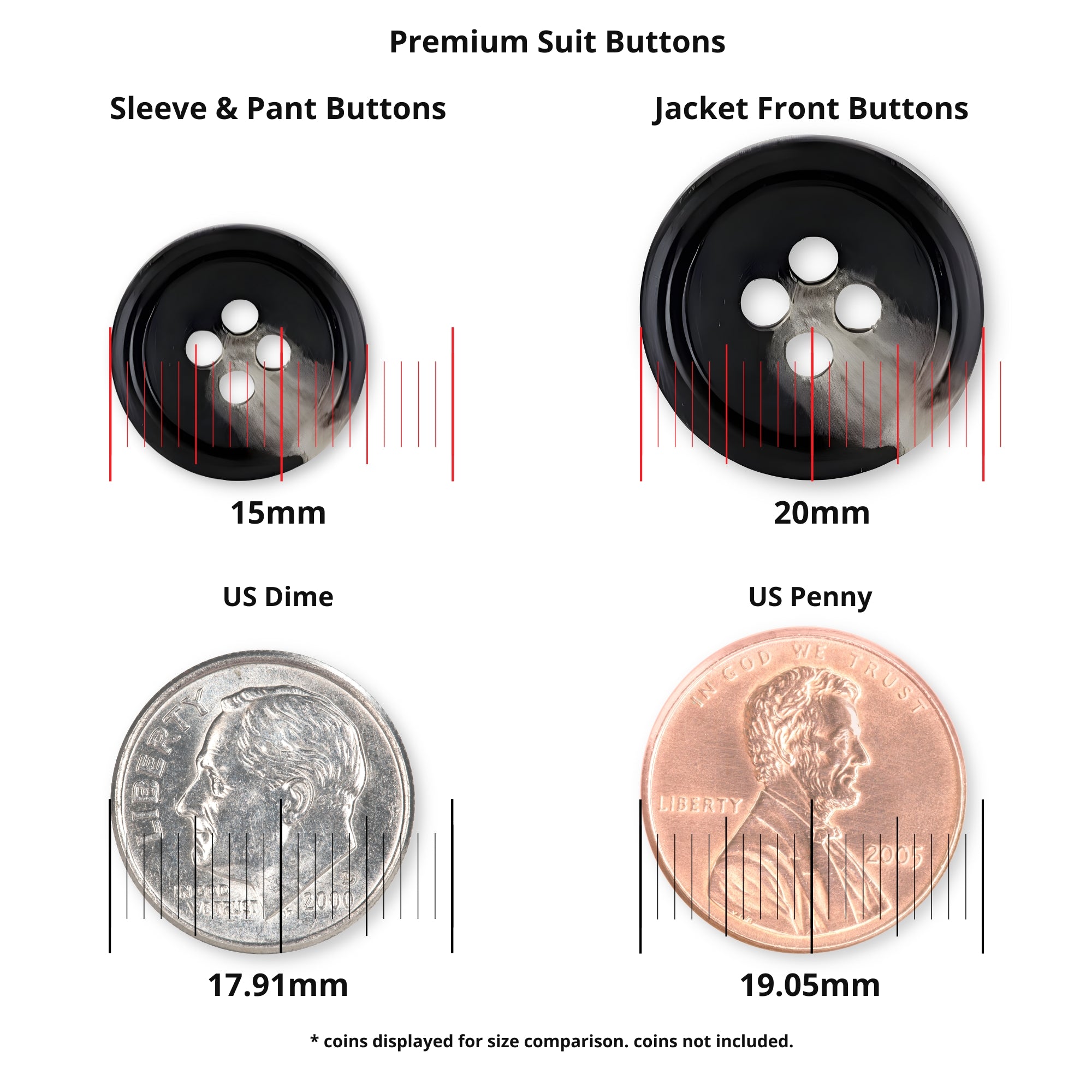 Two Premium Suit Buttons in black are shown alongside a dime and a penny, with diameters labeled for easy size comparison.