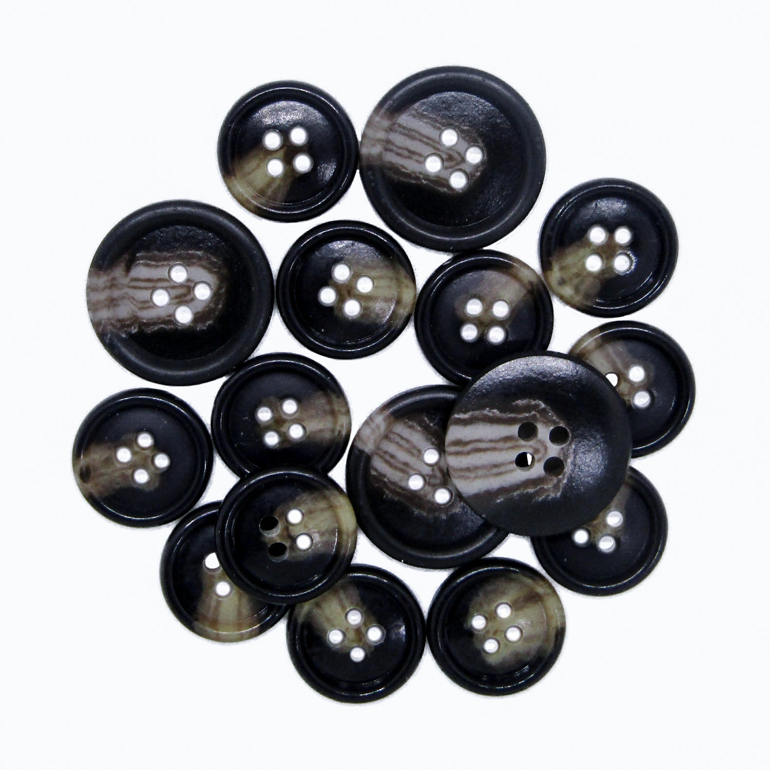Premium Suit Buttons in black and brown are arranged in a circular cluster on a white background.