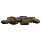 Khakis, Chinos and Casual Cotton Pant Buttons in brown and black nylon with four holes are scattered on a white background.