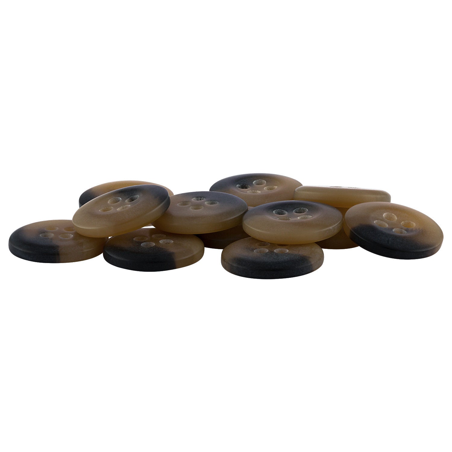 Khakis, Chinos and Casual Cotton Pant Buttons in brown and black nylon with four holes are scattered on a white background.