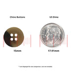 Khakis, Chinos and Casual Cotton Pant Buttons (15mm) shown beside a US dime (17.91mm) with red measurement lines for easy size comparison—ideal as khaki or replacement pants buttons.