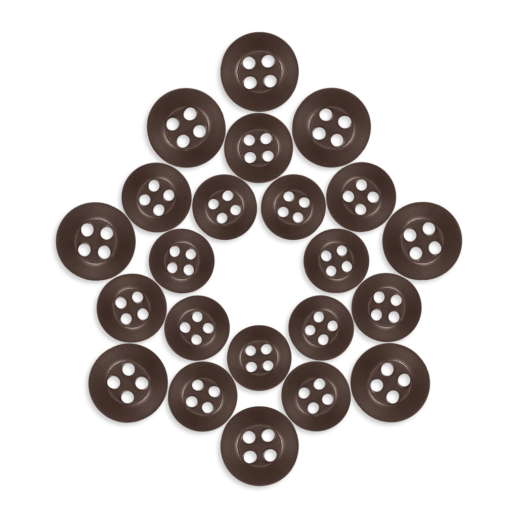 Twenty-one Replacement Shirt Buttons, brown poly-nylon with an anti-glare matte finish, are arranged in a five-pointed star on a white background.