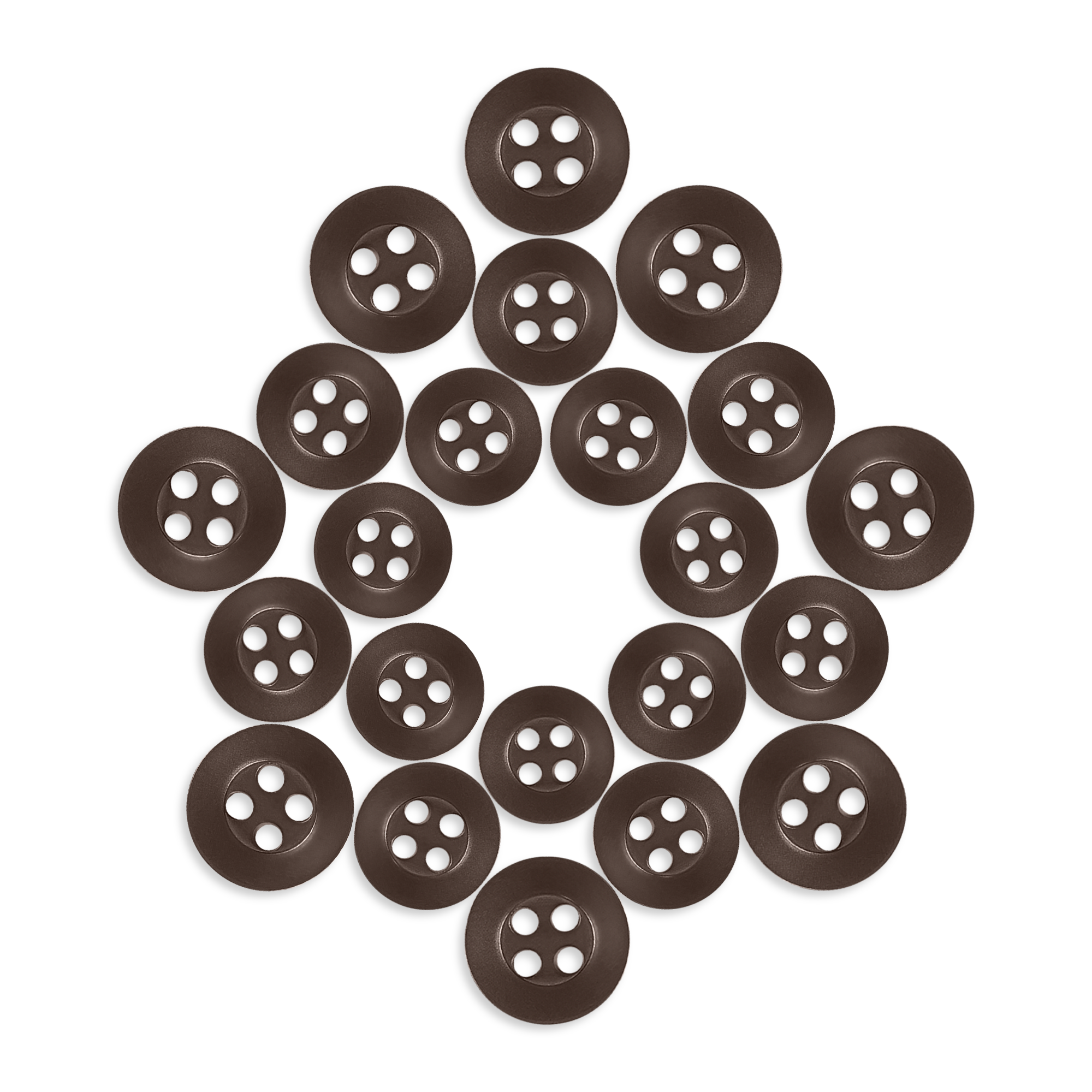 Twenty-one Replacement Shirt Buttons, brown poly-nylon with an anti-glare matte finish, are arranged in a five-pointed star on a white background.