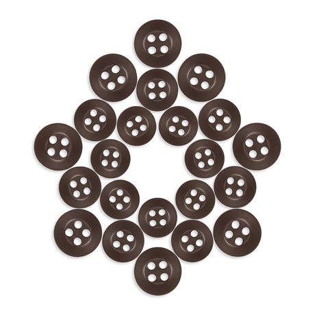 Twenty-one Replacement Shirt Buttons, brown poly-nylon with an anti-glare matte finish, are arranged in a five-pointed star on a white background.