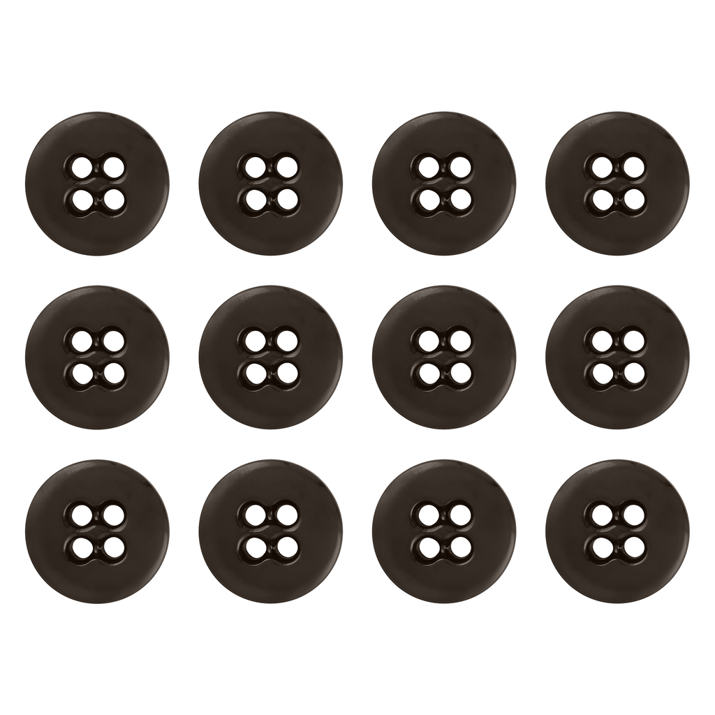 Twelve Suspender Brace Pant Buttons, black, round, with four holes, are arranged in a 3x4 grid on a white background.