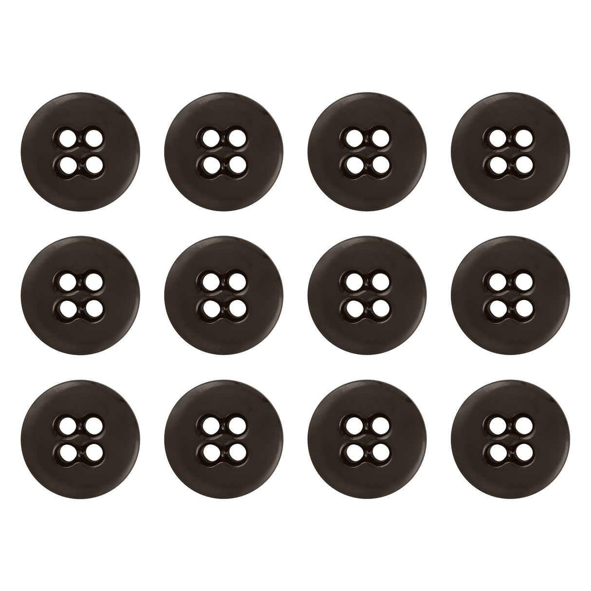 Twelve Suspender Brace Pant Buttons, black, round, with four holes, are arranged in a 3x4 grid on a white background.