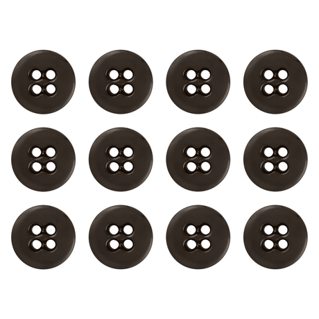 Twelve Suspender Brace Pant Buttons, black, round, with four holes, are arranged in a 3x4 grid on a white background.