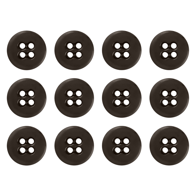 Twelve Suspender Brace Pant Buttons, black, round, with four holes, are arranged in a 3x4 grid on a white background.