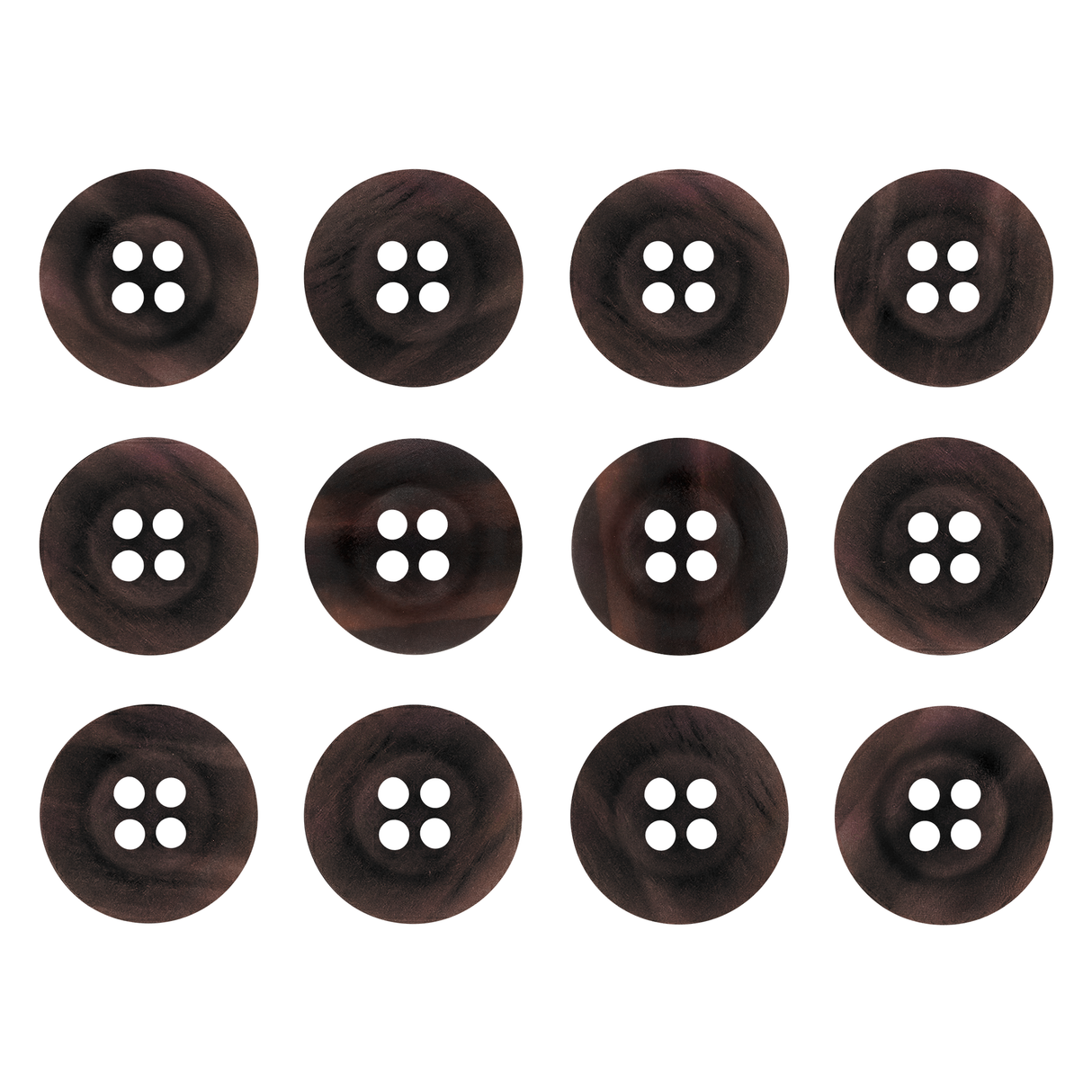 Twelve Khakis, Chinos and Casual Cotton Pant Buttons, dark brown nylon with four holes each, are arranged in a 3x4 grid on a white background.