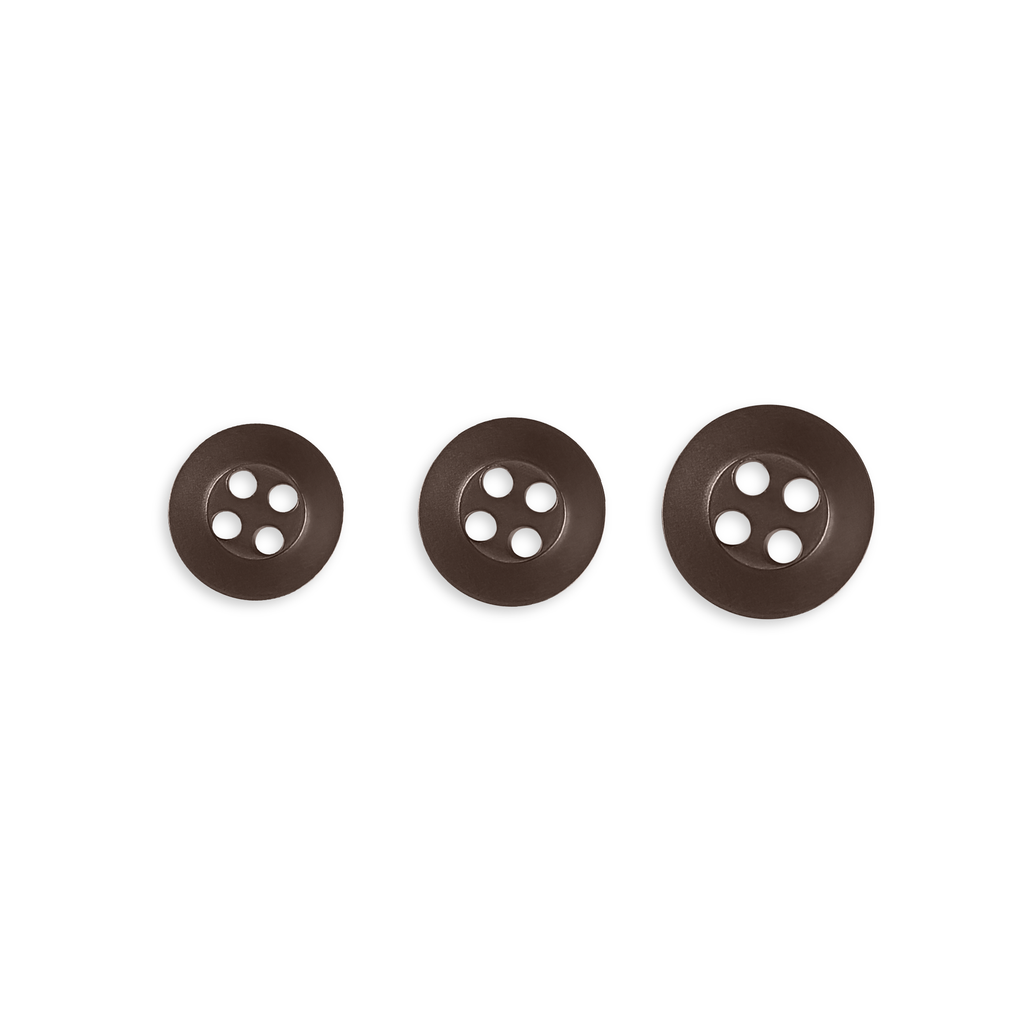 Three dark brown Replacement Shirt Buttons with an anti-glare matte finish, each featuring four holes and different sizes, are arranged in a row on a white background—ideal for any tailor's button kit.