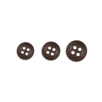 Three dark brown Replacement Shirt Buttons with an anti-glare matte finish, each featuring four holes and different sizes, are arranged in a row on a white background—ideal for any tailor's button kit.