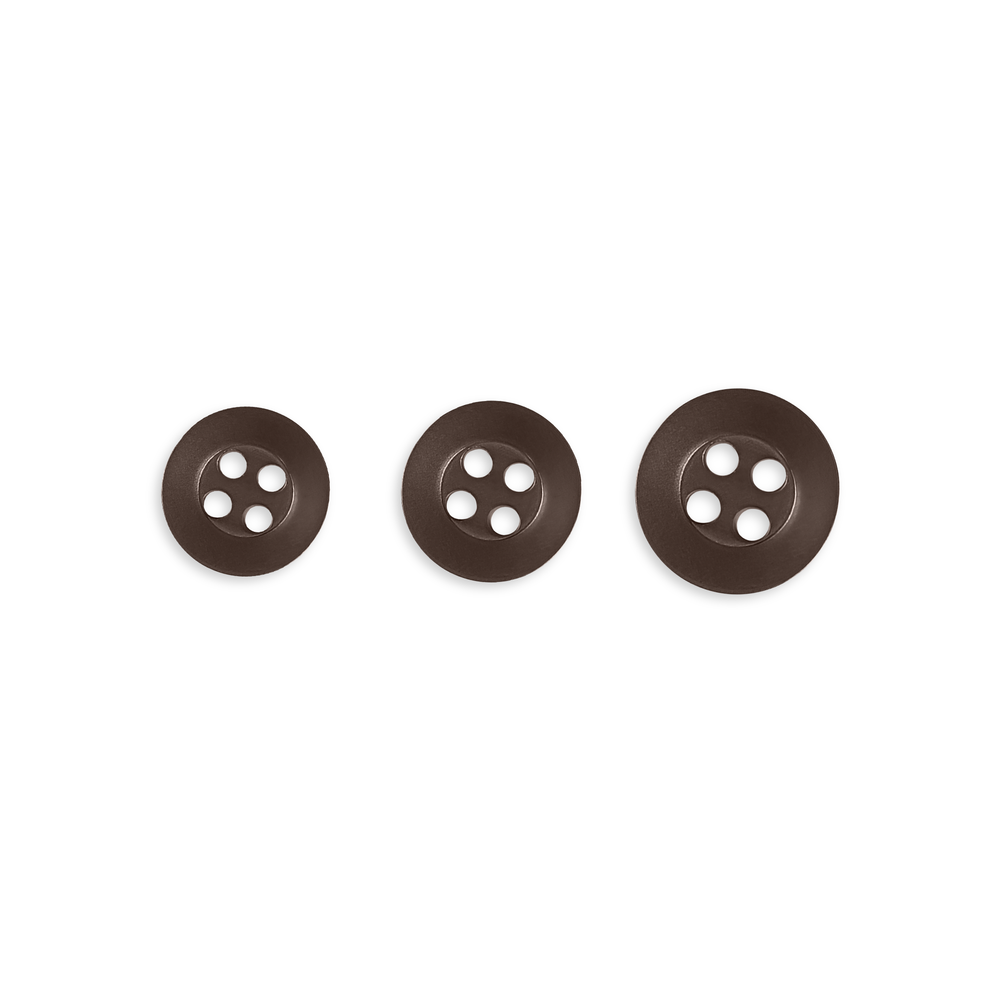 Three dark brown Replacement Shirt Buttons with an anti-glare matte finish, each featuring four holes and different sizes, are arranged in a row on a white background—ideal for any tailor's button kit.