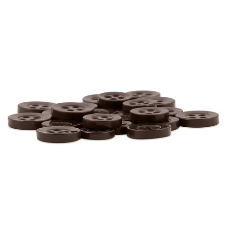 A pile of dark brown, round Replacement Shirt Buttons made of poly-nylon with four holes and an anti-glare matte finish, scattered on a white background.