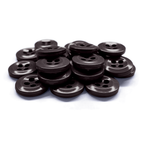 A stack of dark brown, four-hole Work Shirt Buttons 12 Pack is arranged on a white surface.