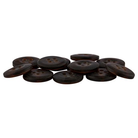 Ten dark brown, round, four-hole Khakis, Chinos and Casual Cotton Pant Buttons made of nylon are arranged in a loose pile on a white background.