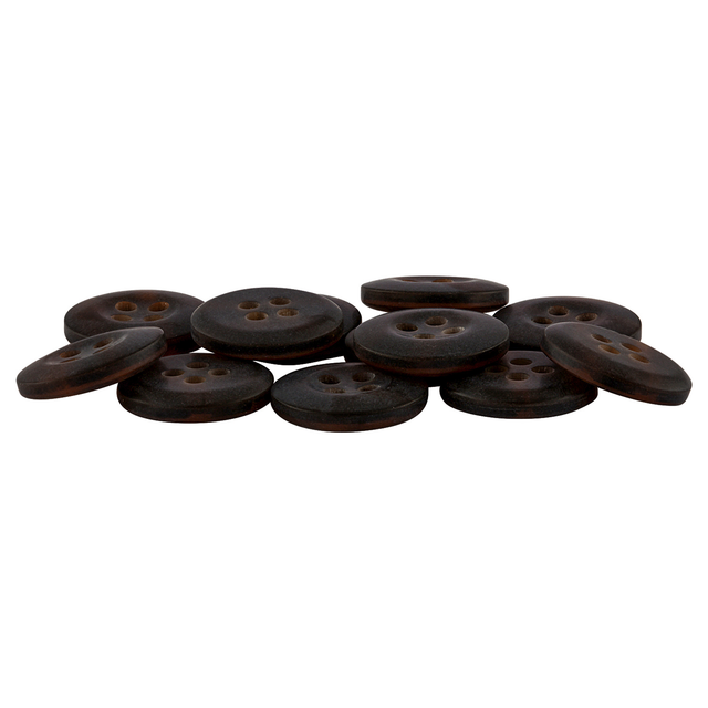 Ten dark brown, round, four-hole Khakis, Chinos and Casual Cotton Pant Buttons made of nylon are arranged in a loose pile on a white background.