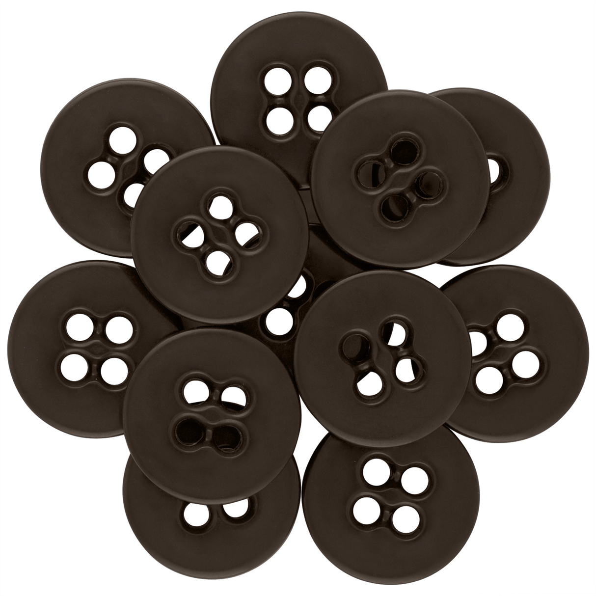 A set of Suspender Brace Pant Buttons in dark brown, featuring assorted hole patterns and arranged in a circular, overlapping layout.