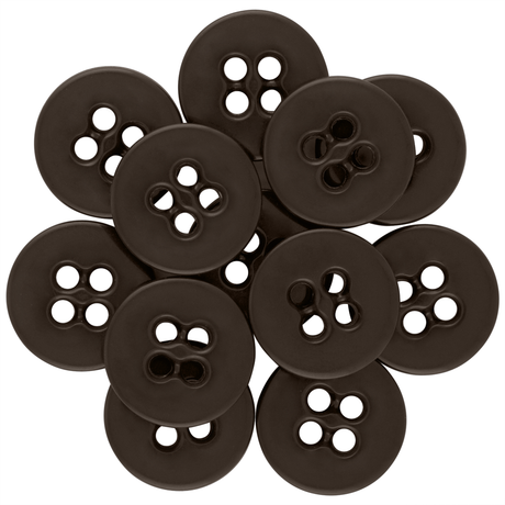 A set of Suspender Brace Pant Buttons in dark brown, featuring assorted hole patterns and arranged in a circular, overlapping layout.