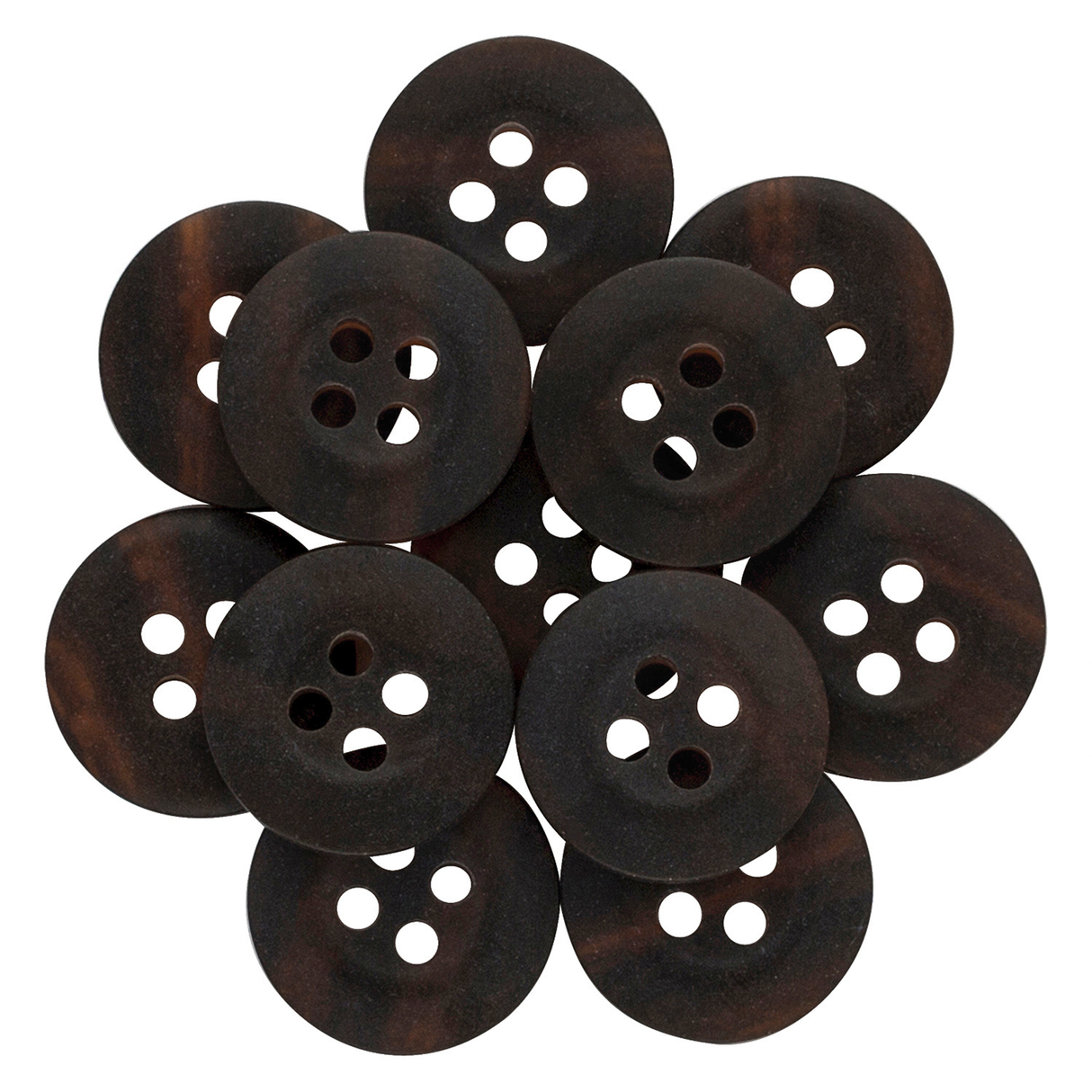 A pile of dark brown, round nylon "Khakis, Chinos and Casual Cotton Pant Buttons" with four holes—ideal as black replacement buttons or for repairing khaki pants.