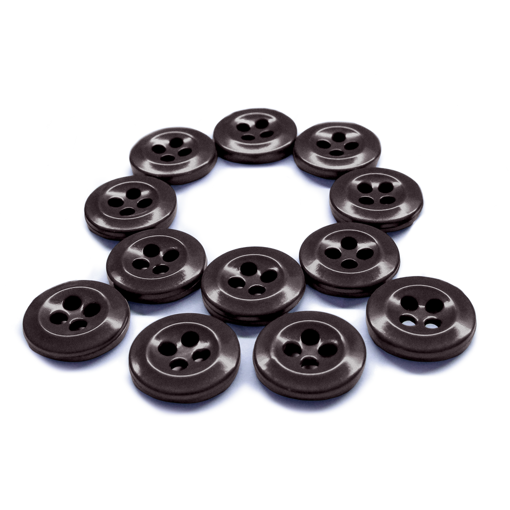 Twelve Work Shirt Buttons 12 Pack, durable and arranged in a Q shape on a white background.