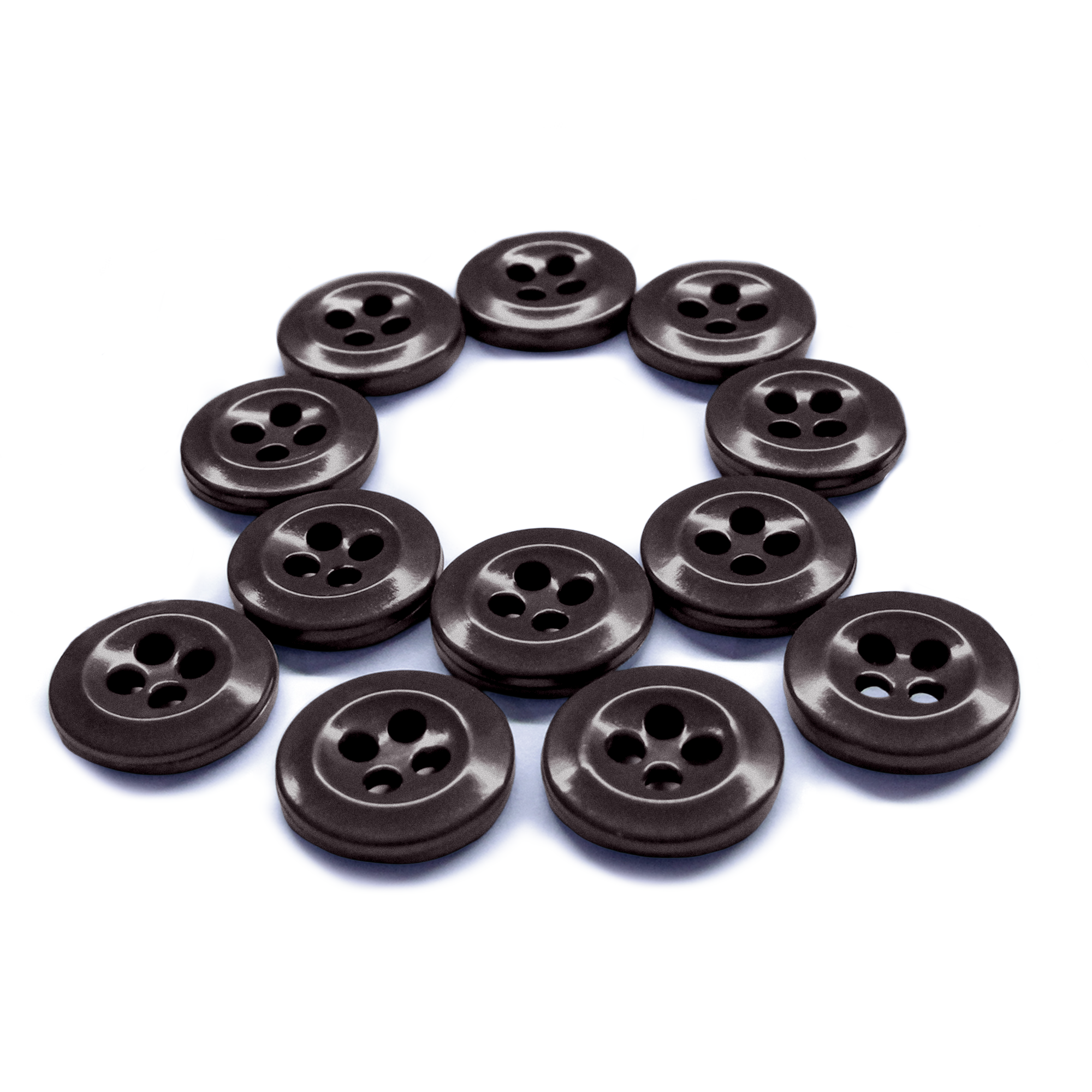 Twelve Work Shirt Buttons 12 Pack, durable and arranged in a Q shape on a white background.