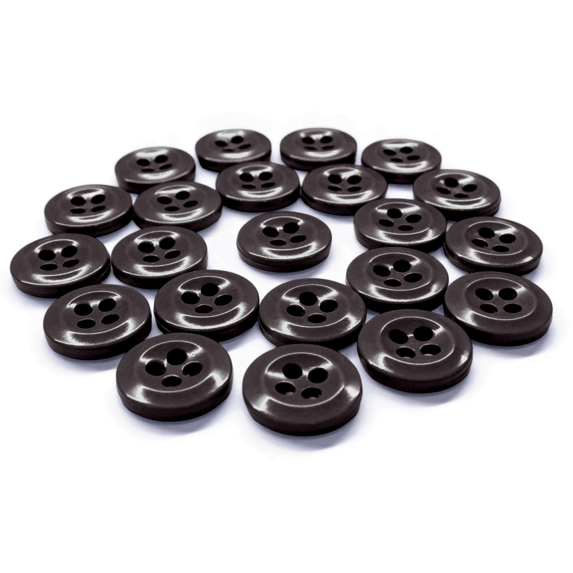 A set of Work Shirt Buttons 22 Pack, featuring dark brown military spec four-hole buttons, is displayed loosely arranged on a white background.