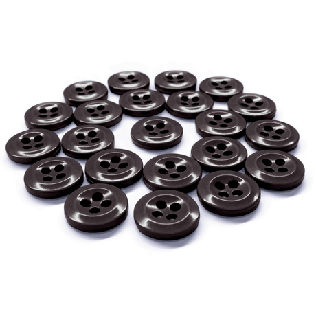 A set of black Work Shirt Buttons, each with four holes, is neatly arranged in rows on a white background.
