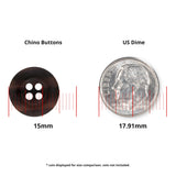 A 15mm Khakis, Chinos and Casual Cotton Pant Button beside a US dime shows it's slightly smaller than the 17.91mm coin—ideal in size and durability for use as black or khaki pants buttons.
