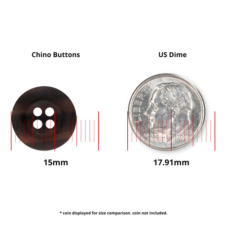 A 15mm Khakis, Chinos and Casual Cotton Pant Button beside a US dime shows it's slightly smaller than the 17.91mm coin—ideal in size and durability for use as black or khaki pants buttons.