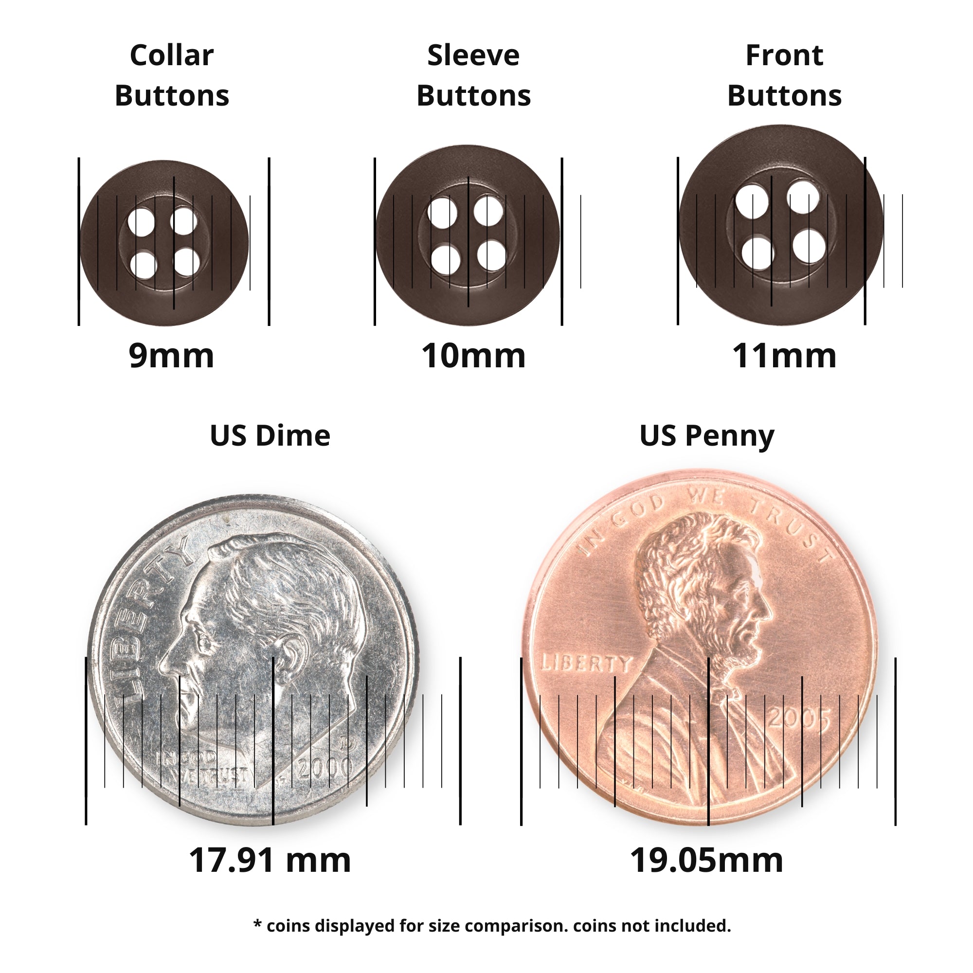 Three brown Replacement Shirt Buttons (9mm, 10mm, 11mm) are shown with two coins (17.91mm, 19.05mm) for size comparison—perfect additions to your tailor’s button kit.