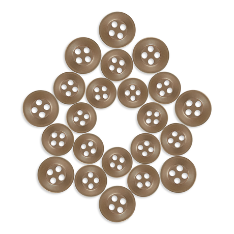Twenty-one Replacement Shirt Buttons with an anti-glare matte finish are arranged in a star or pentagon shape on a white background.