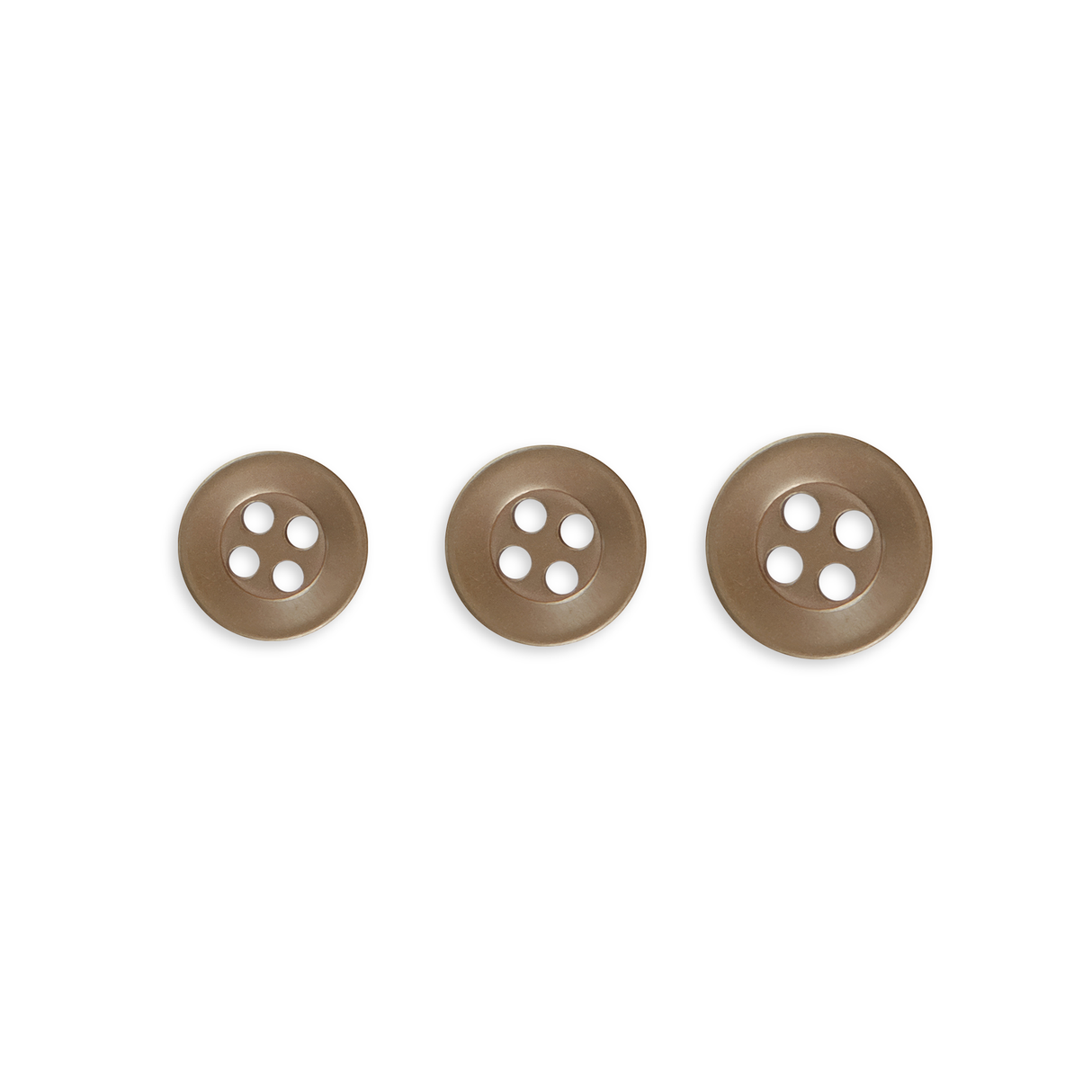 Three Replacement Shirt Buttons in brown poly-nylon, each a different size with four holes and an anti-glare matte finish, are arranged in a row on a white background.