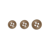 Three Replacement Shirt Buttons in brown poly-nylon, each a different size with four holes and an anti-glare matte finish, are arranged in a row on a white background.