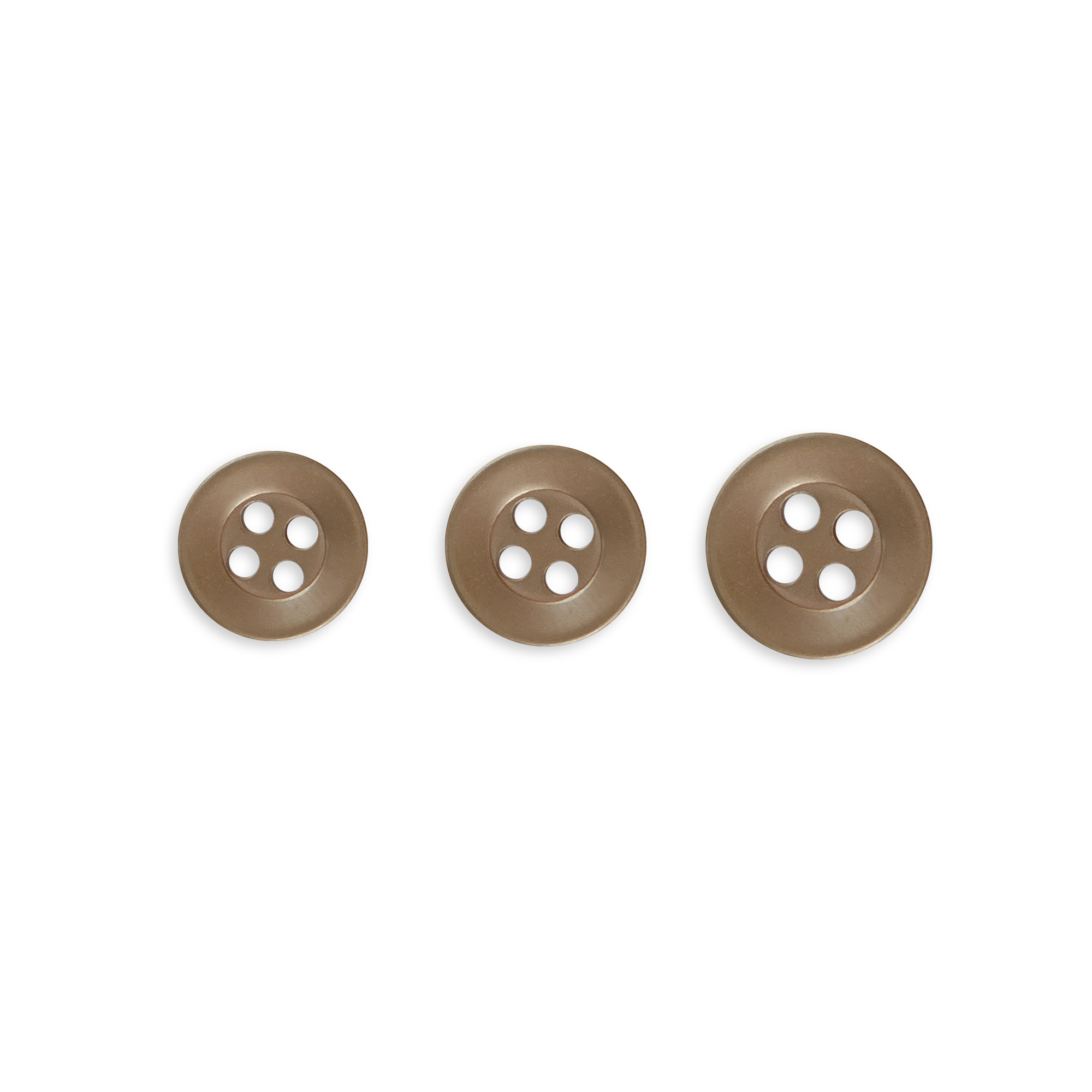 Three Replacement Shirt Buttons in brown poly-nylon, each a different size with four holes and an anti-glare matte finish, are arranged in a row on a white background.