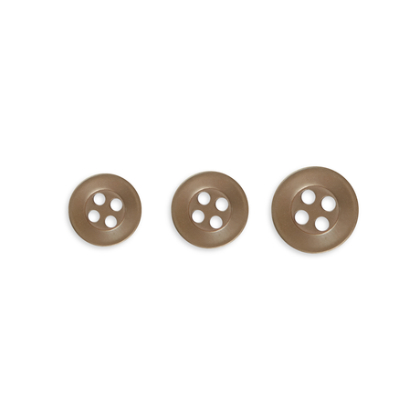 Three Replacement Shirt Buttons in brown poly-nylon, each a different size with four holes and an anti-glare matte finish, are arranged in a row on a white background.