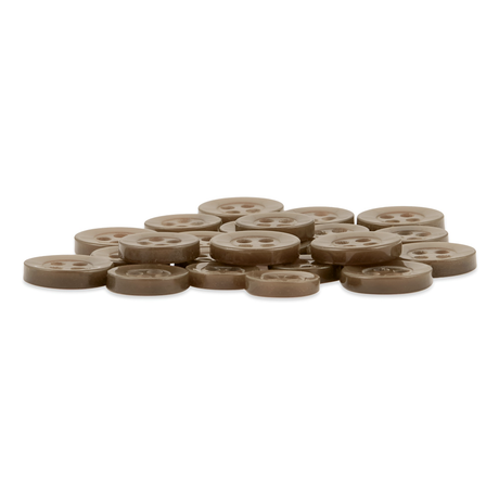 A pile of brown Replacement Shirt Buttons with a matte anti-glare finish is arranged on a white background.