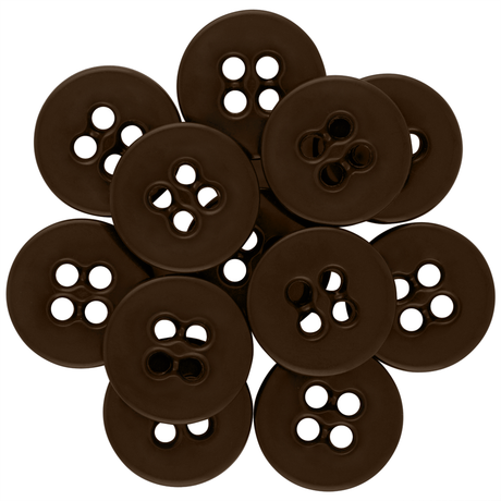 A set of overlapping dark brown Suspender Brace Pant Buttons, each with four holes and arranged in a circle—ideal for button-on suspenders or military spec uses.