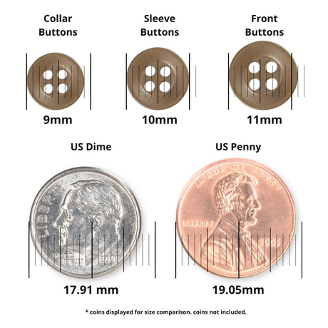 Three Replacement Shirt Buttons in brown Poly-Nylon of varying sizes, shown above a US dime and penny for size reference, with measurements displayed.