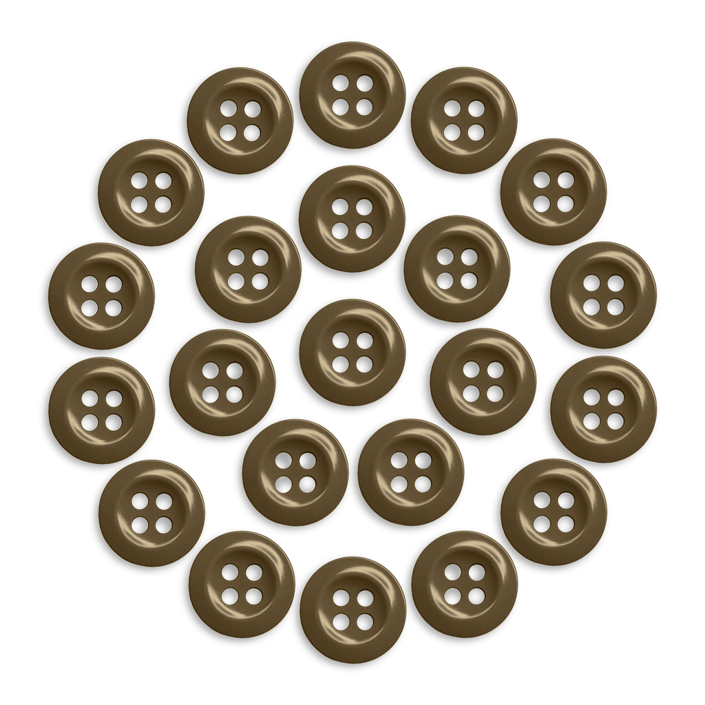 Twenty-two Work Shirt Buttons 22 Pack, brown four-hole military spec, arranged in a neat circle on a white background.