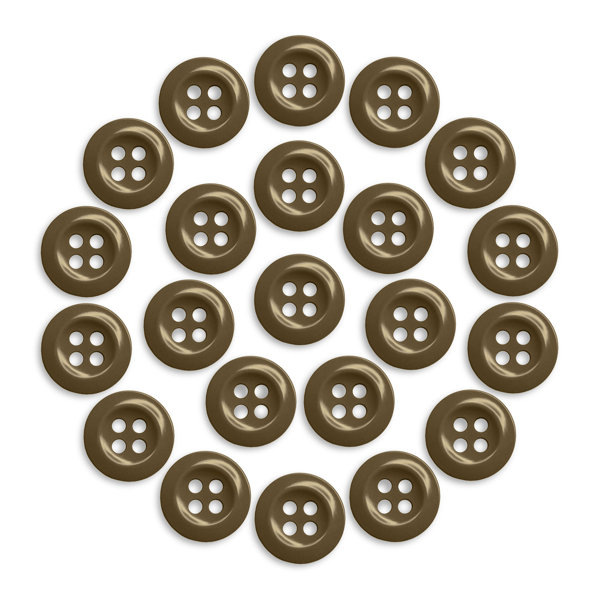 Twenty-four brown Work Shirt Buttons with four holes, arranged in a circle on a white background.