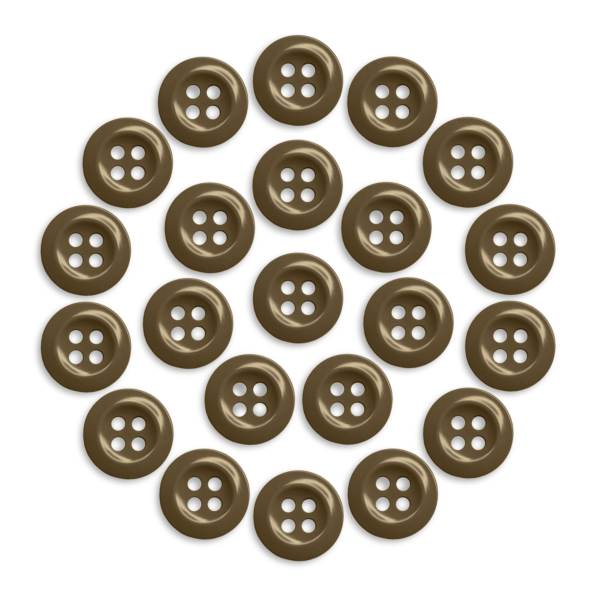 Twenty-two Work Shirt Buttons 22 Pack, brown four-hole military spec, arranged in a neat circle on a white background.
