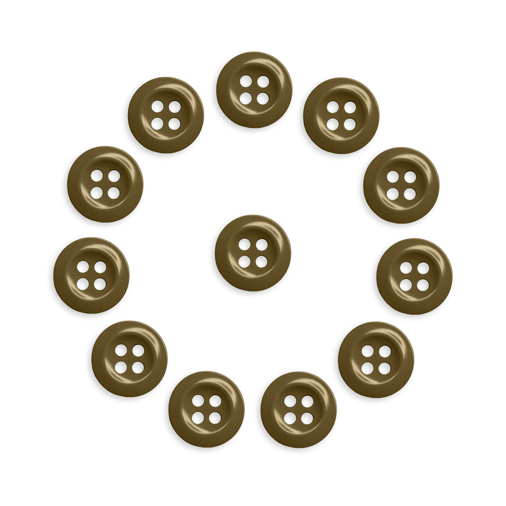Twelve brown Work Shirt Buttons 12 Pack arranged in a circle surrounding one brown button on a white background.