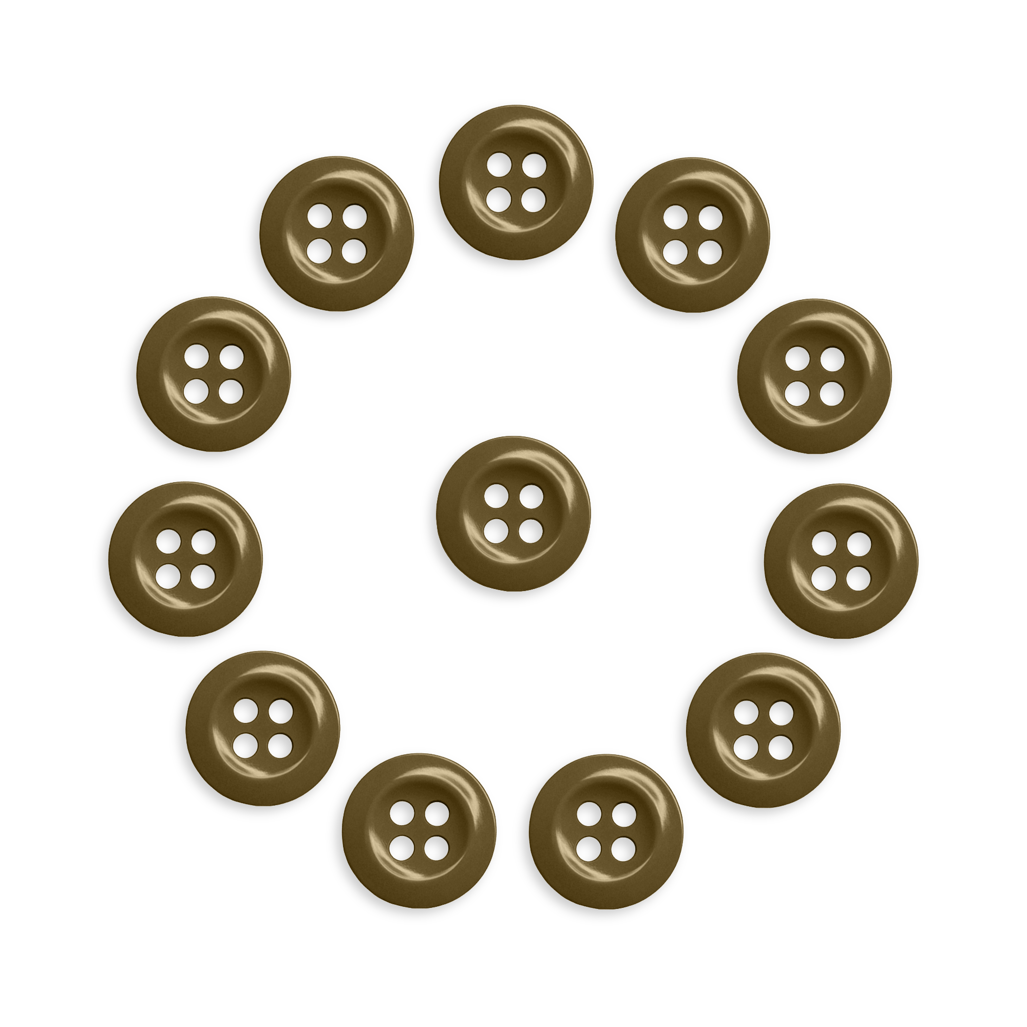 Twelve brown Work Shirt Buttons 12 Pack arranged in a circle surrounding one brown button on a white background.