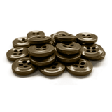 Work Shirt Buttons: a stack of brown, four-hole buttons displayed on a white surface.