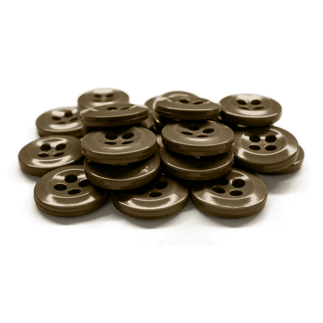 Work Shirt Buttons: a stack of brown, four-hole buttons displayed on a white surface.
