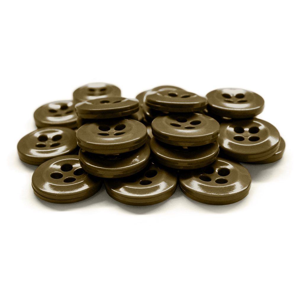 A pack of brown, four-hole Work Shirt Buttons 12 Pack displayed on a white background.
