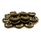 A pack of brown, four-hole Work Shirt Buttons 12 Pack displayed on a white background.