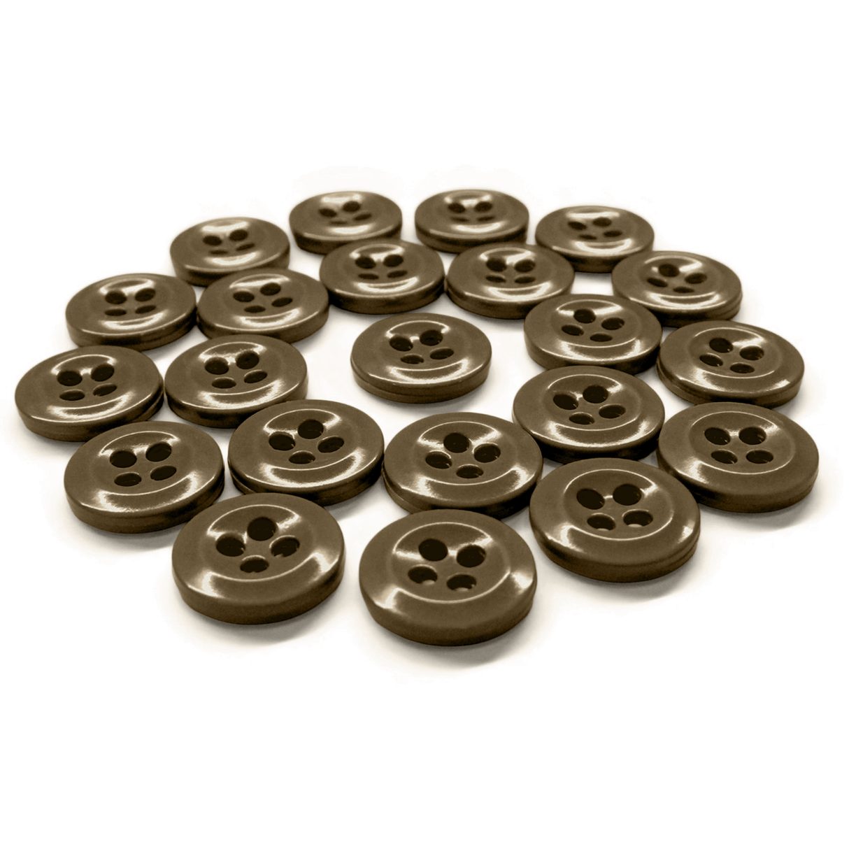 A set of Work Shirt Buttons in brown military spec is neatly arranged in rows on a white background.